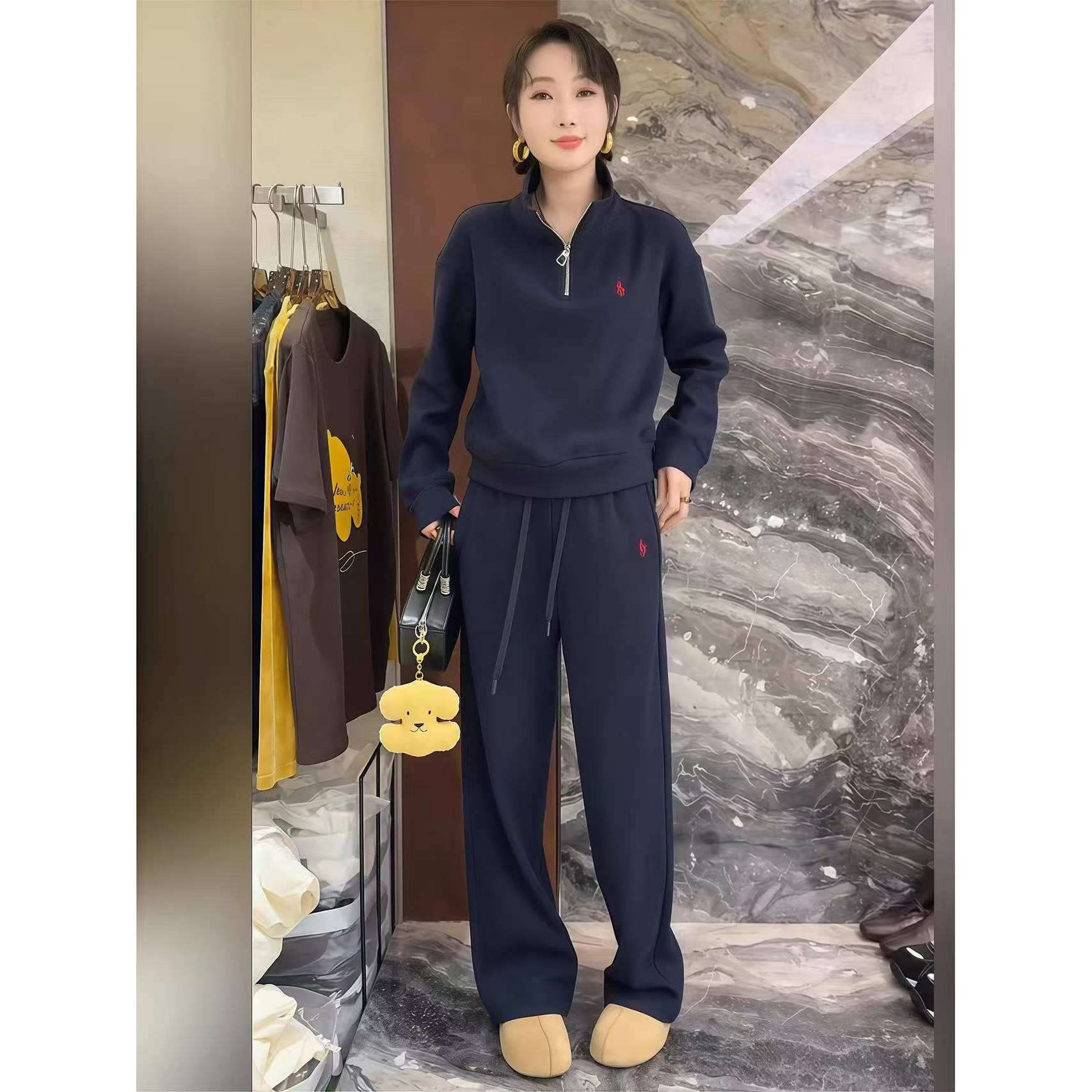 南油欧货冬季新款时尚休闲半拉链长袖卫衣直筒阔腿裤加绒运动套装