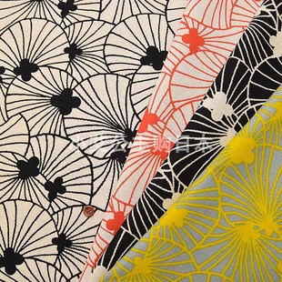 日本进口棉麻欧风四叶草线描扇子连衣裙衬衫手工布艺娃衣服装面料