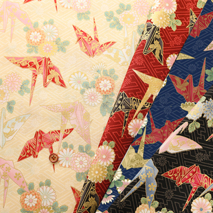 50cm日本进口纯棉烫金和风折纸鹤百花缭乱连衣裙衬衫布艺服装面料