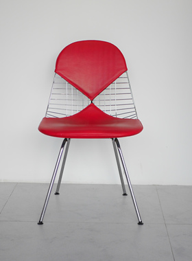 Eames 中古 Wire Chair DKX 红色皮制钢材休闲椅