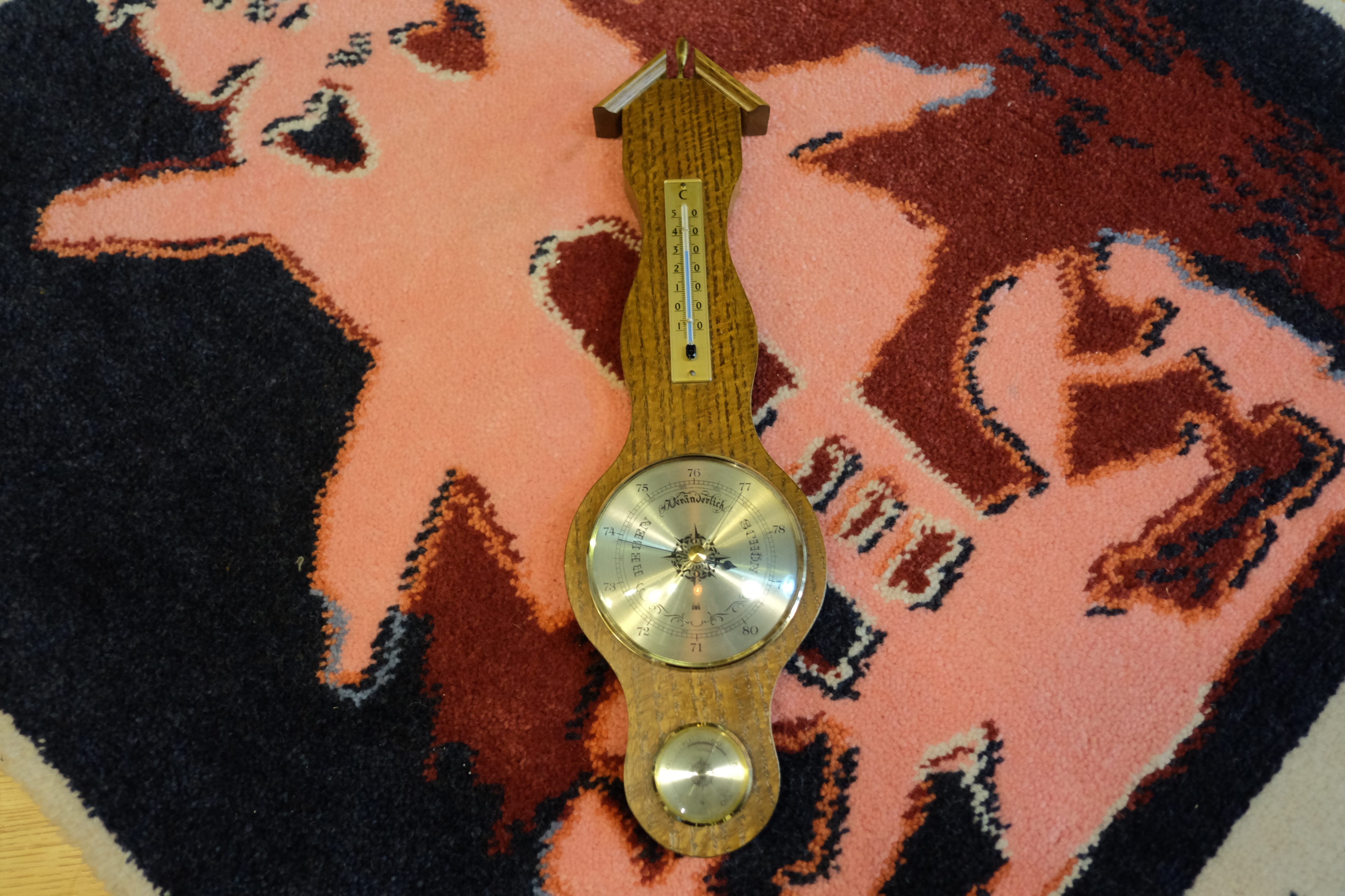 北欧 丹麦 中古 Vintage 60年代 木质 班鸠琴式气压表 温度计