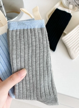 后跟布标浅蓝色袜子女中筒袜ins潮复古拼接黑白灰色堆堆袜学院风