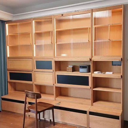 晨苏家具书柜樱桃木收纳满墙展示柜卡座实木落地书柜客厅置物组合