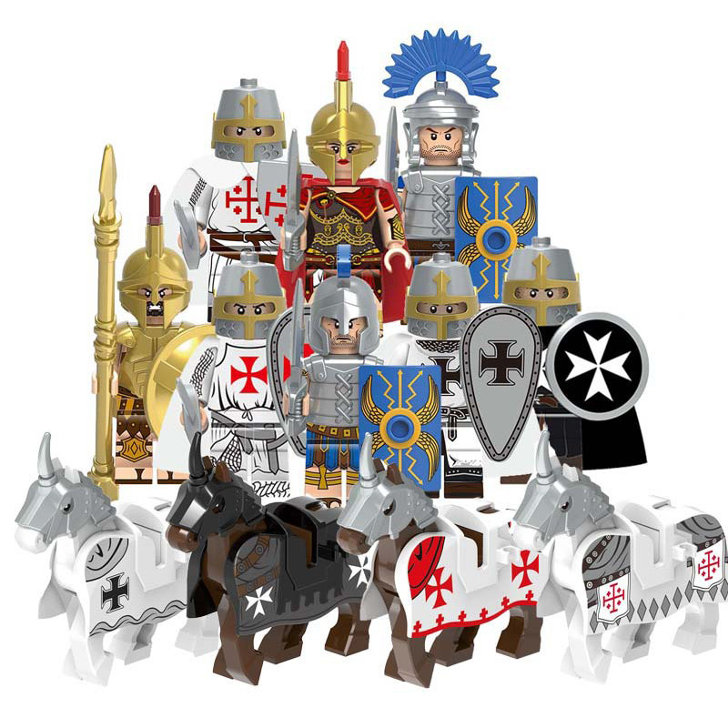 X0316斯巴达圣殿骑士团中古罗马战马骑兵士兵第三方积木人仔玩具