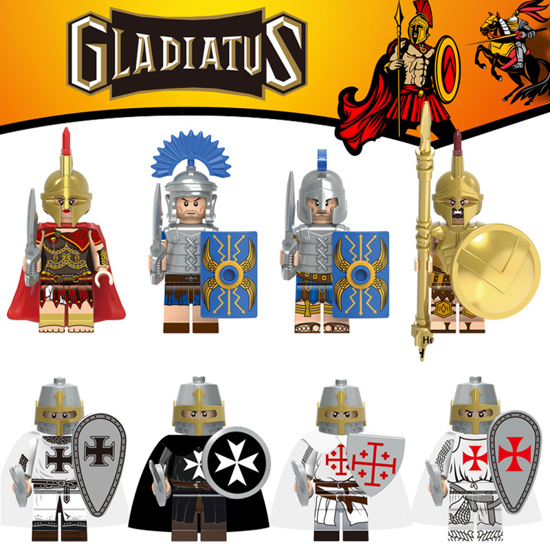 X0316斯巴达女勇士圣殿骑士团中古罗马士兵儿童拼装积木人仔玩具