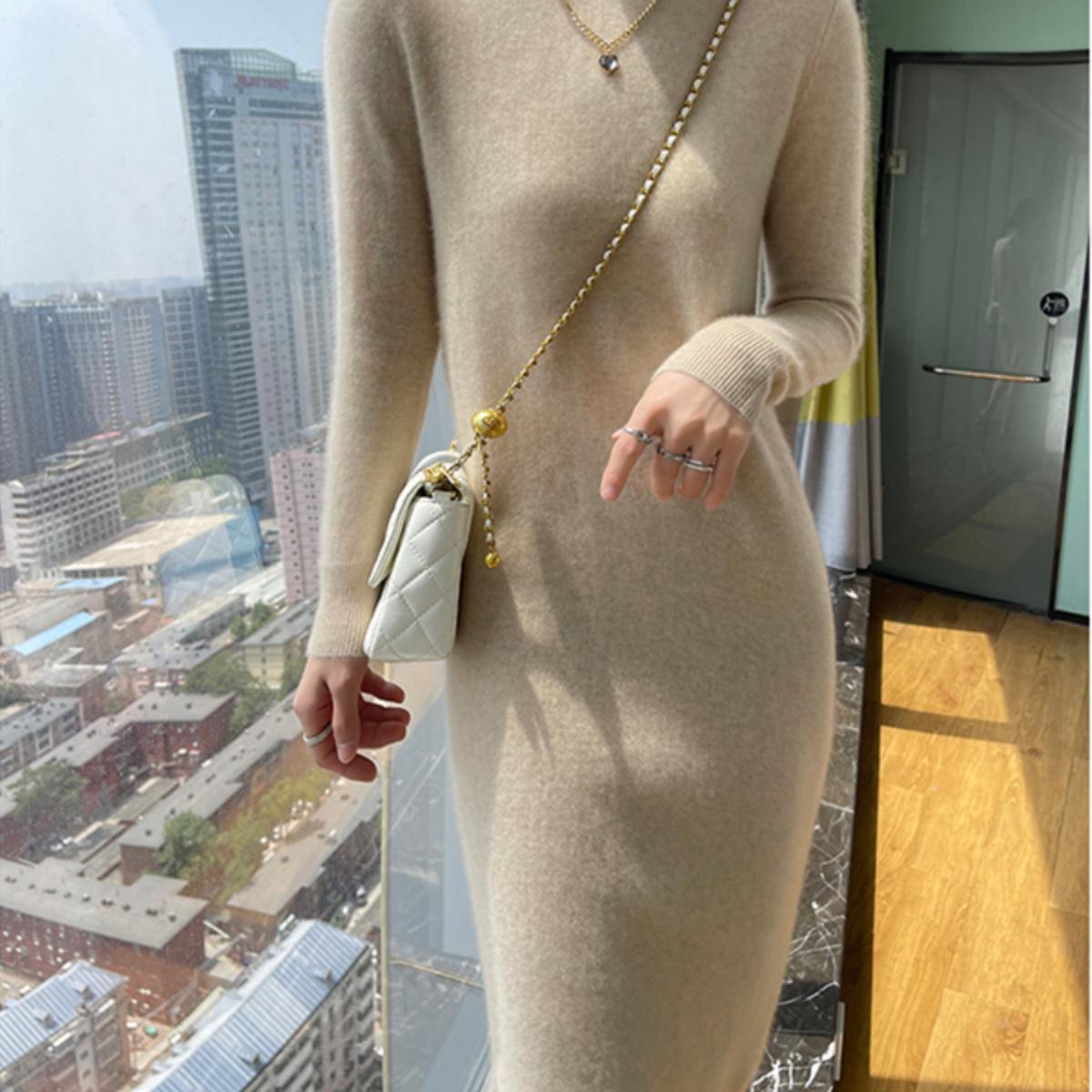 秋冬新款女半高领100%纯羊毛连衣裙中长款羊绒修身内搭打底毛衣裙