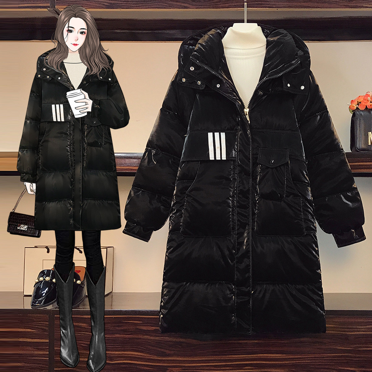 中长款亮面羽绒服女冬季2025新款胖mm大码棉衣高级感连帽棉袄外套