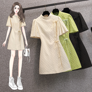大码女装短袖改良旗袍裙女夏季胖mm洋气减龄复古显瘦遮肉连衣裙子
