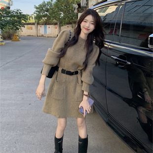 美拉德穿搭针织连衣裙秋冬大码女装胖mm收腰显瘦a字打底裙毛衣裙
