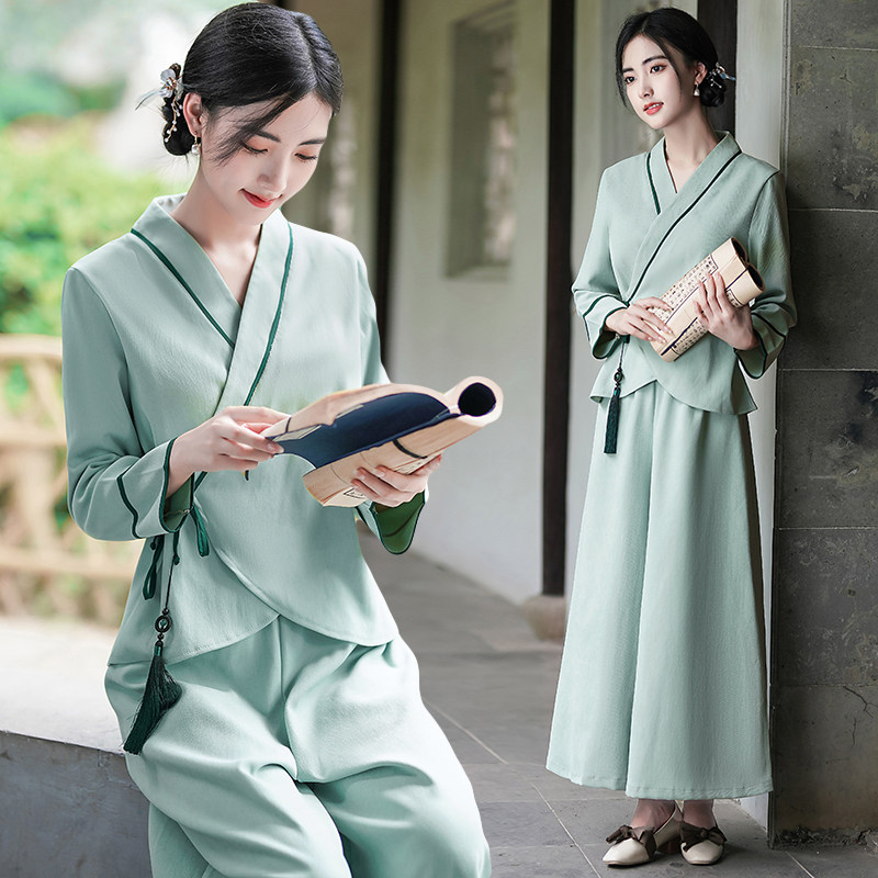 IMPROVED HANFU WOMENS CLOTHES TANG COSTUME TOPS CHINESE STYLE SUITS ZEN TEA CLOTHES REPUBLIC OF CHINA STYLE TEA ARTIST WORK CLOTHES SPRING AND AUTUMN