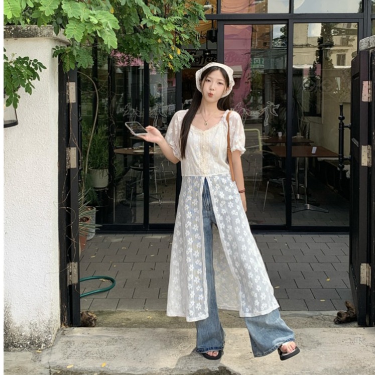 大码女装减龄碎花短袖连衣裙夏季胖mm显瘦森系叠穿开叉罩衫裙长裙