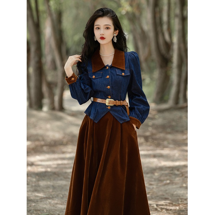 牛仔上衣+丝绒半身裙港风复古