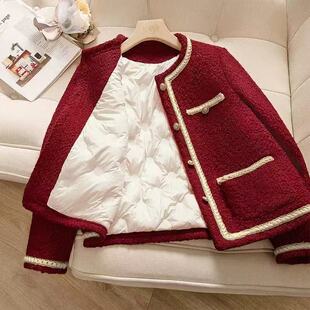 大码女秋季气质高级感胖mm小个子正肩红色毛呢夹棉加厚小香风外套