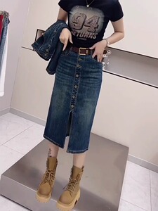 秋装女2023年新款复古牛仔半身裙大码胖mm弹力包臀a字中长款裙子