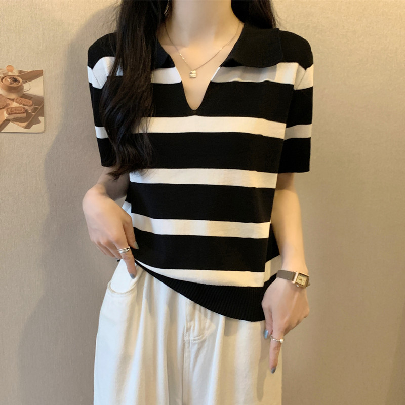 黑白条纹V领正肩冰丝短袖T恤女夏大码胖mm显瘦遮肚法式polo衫上衣