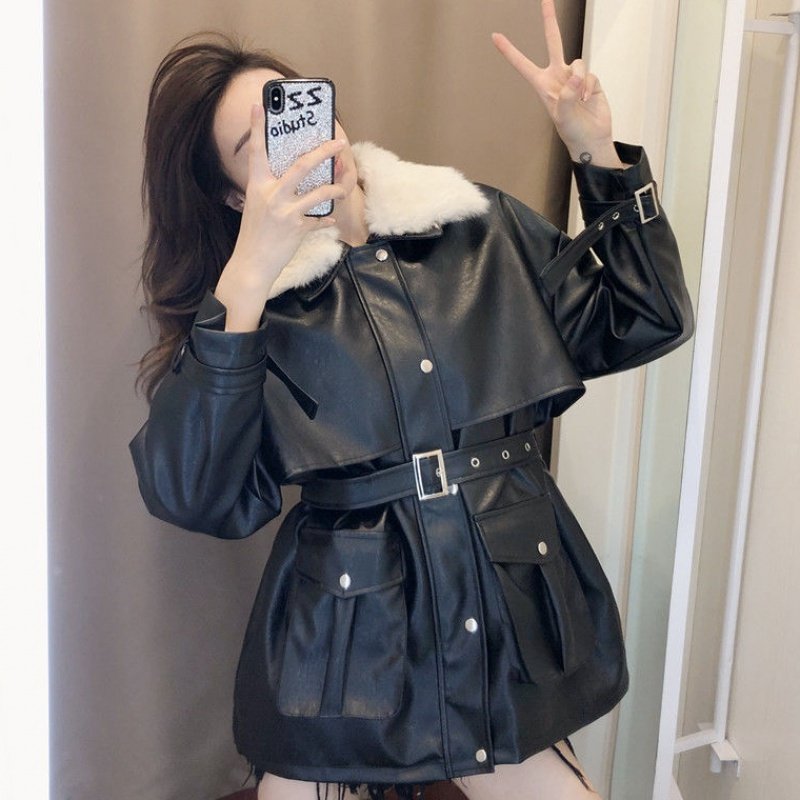 机车皮衣外套女中长款2025冬季新款棉服韩版宽松羊羔绒派克服棉衣