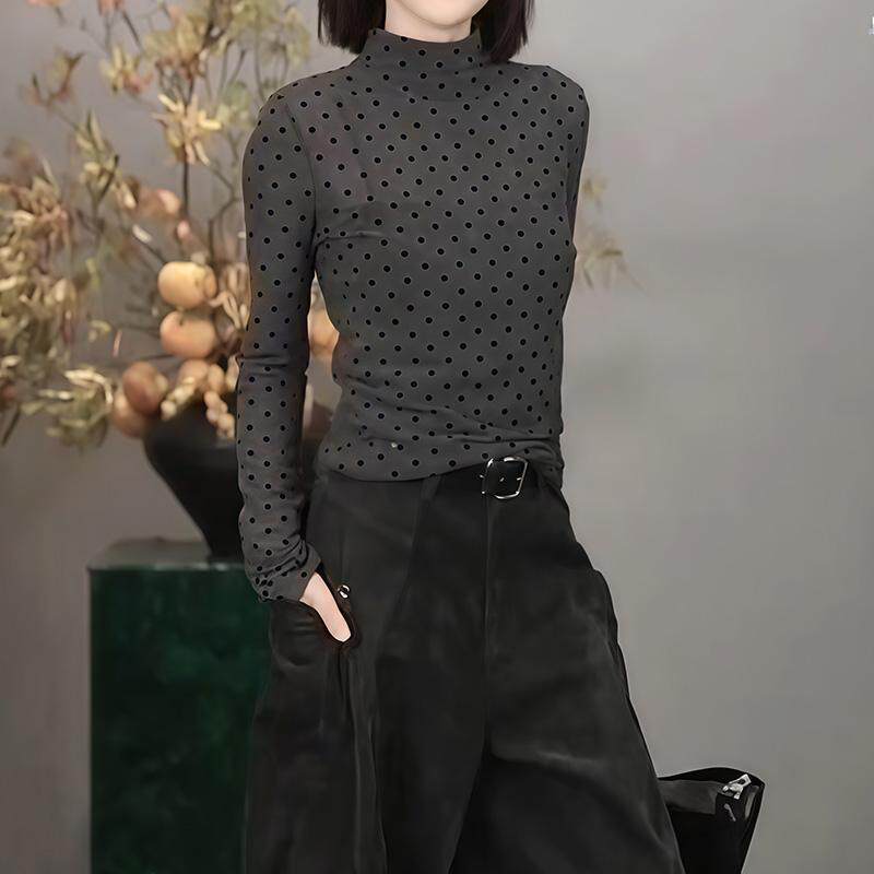 大码2025年秋冬新款高领法式百搭休闲撞色波点长袖套头针织打底衫