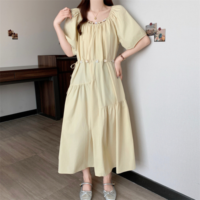 法式串珠方领抽褶系带收腰