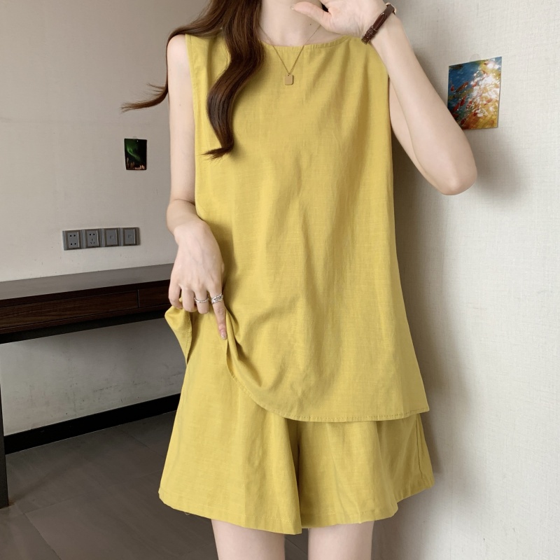 大码女装胖mm黄色无袖棉麻短裤套装夏装搭配一整套休闲薄款两件套