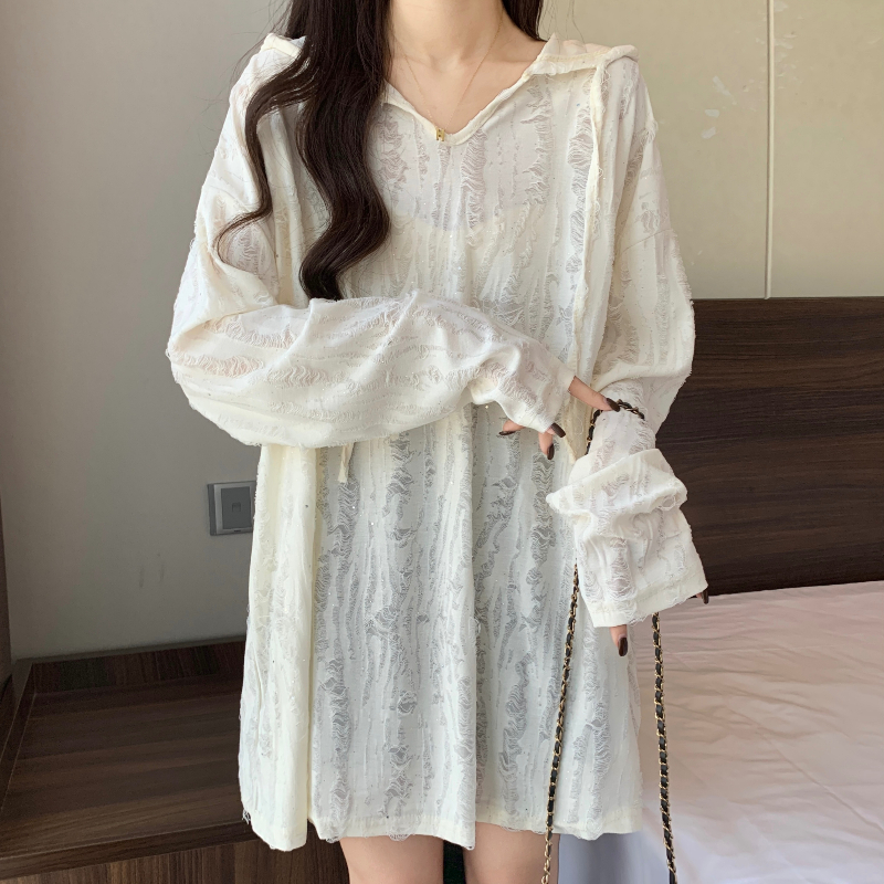 气质薄款罩衫连帽长袖T恤女夏大码胖mm显瘦宽松遮屁股中长款上衣