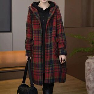 高端休闲格子中长款毛呢外套女秋冬季大码宽松洋气质连帽呢子大衣