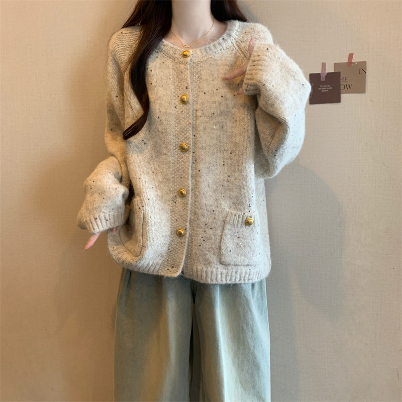 小香风正肩插肩袖毛衣外套女秋冬大码胖mm外穿中长款针织开衫上衣