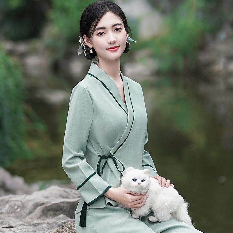IMPROVED HANFU WOMENS CLOTHES TANG COSTUME TOPS CHINESE STYLE SUITS ZEN TEA CLOTHES REPUBLIC OF CHINA STYLE TEA ARTIST WORK CLOTHES SPRING AND AUTUMN