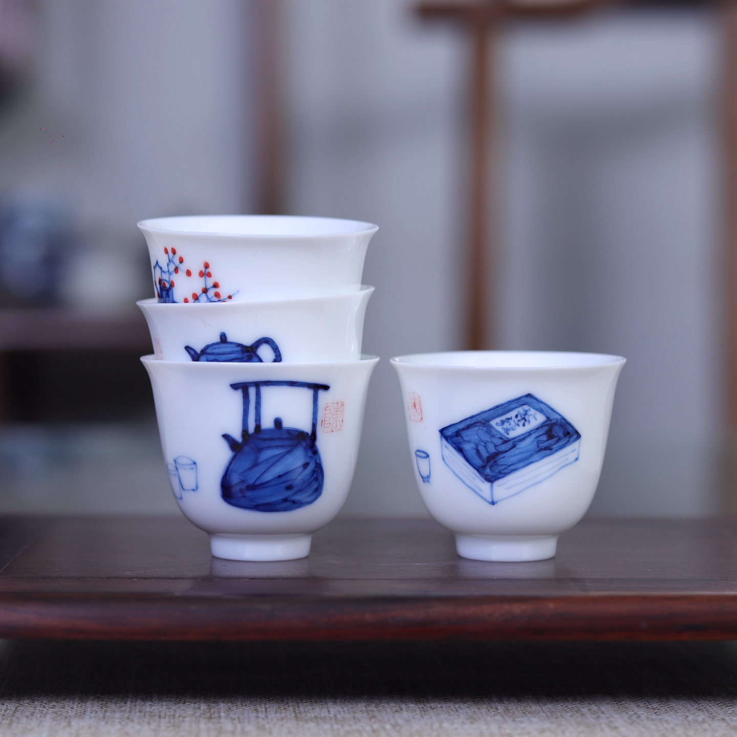 亦紫陶潮汕功夫杯陶瓷茶杯手绘清供品茗杯小茶碗薄胎小容量青花瓷
