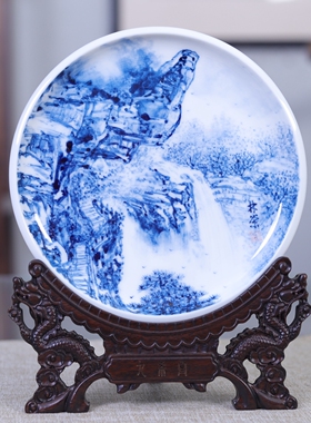 九希堂刘林荣手绘青花瓷中式挂盘山水画盘案头摆件装饰画重工满绘