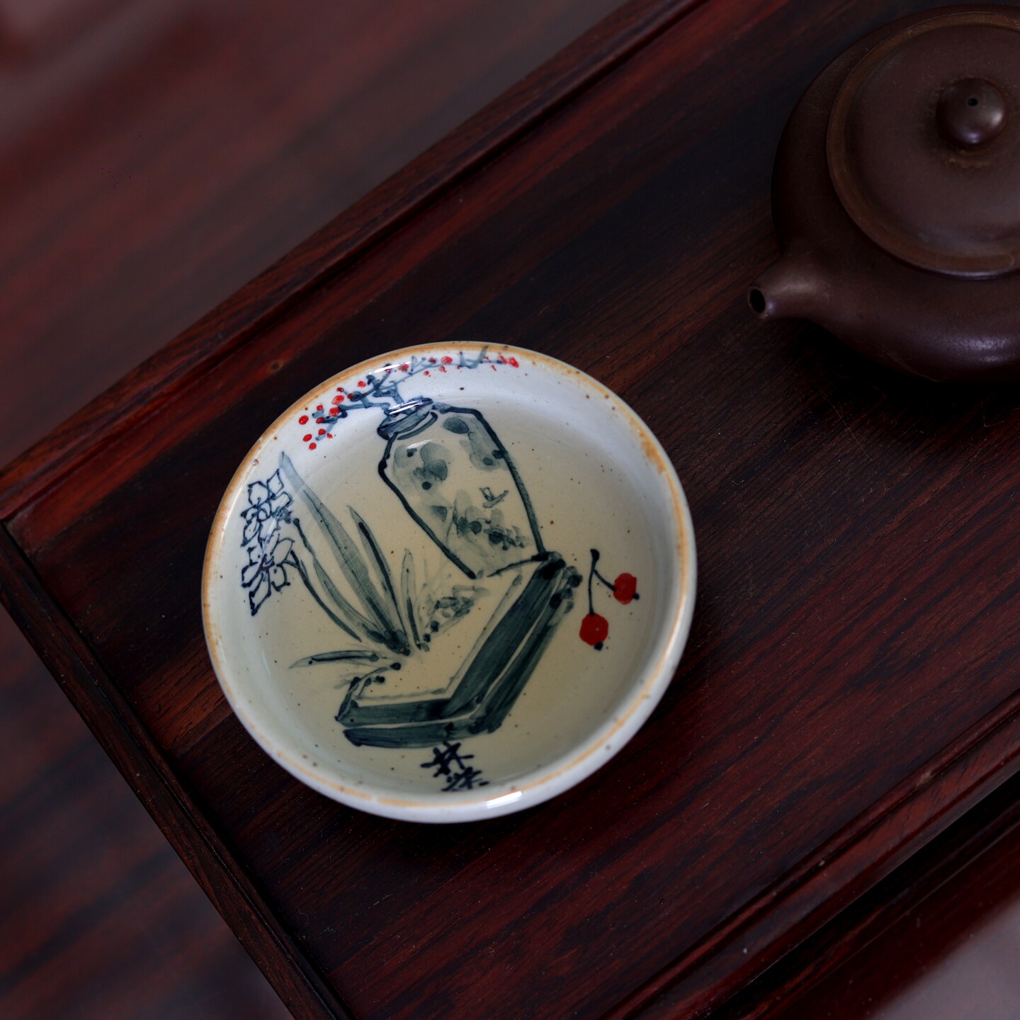 九希堂刘林荣手绘内极彩青花清供图普洱杯手工陶瓷茶碗品茗杯粗陶