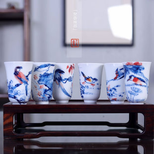 九希堂刘林荣手绘闻香杯陶瓷茶具聚香杯青花瓷品茗杯田园花鸟暖手