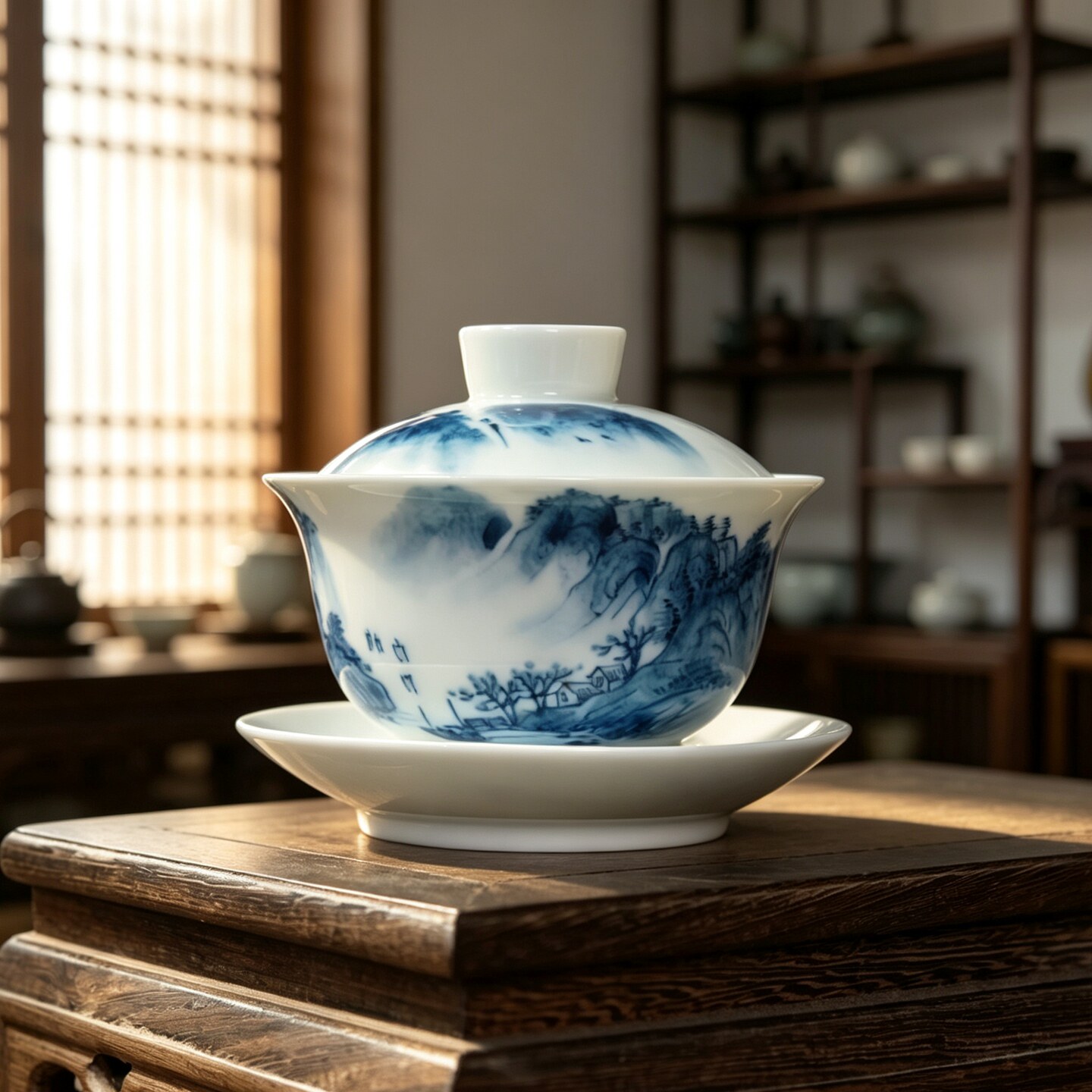 手绘青花瓷三才盖碗釉下彩山水茶碗陶瓷茶具荷花泡茶器仿古元宝款