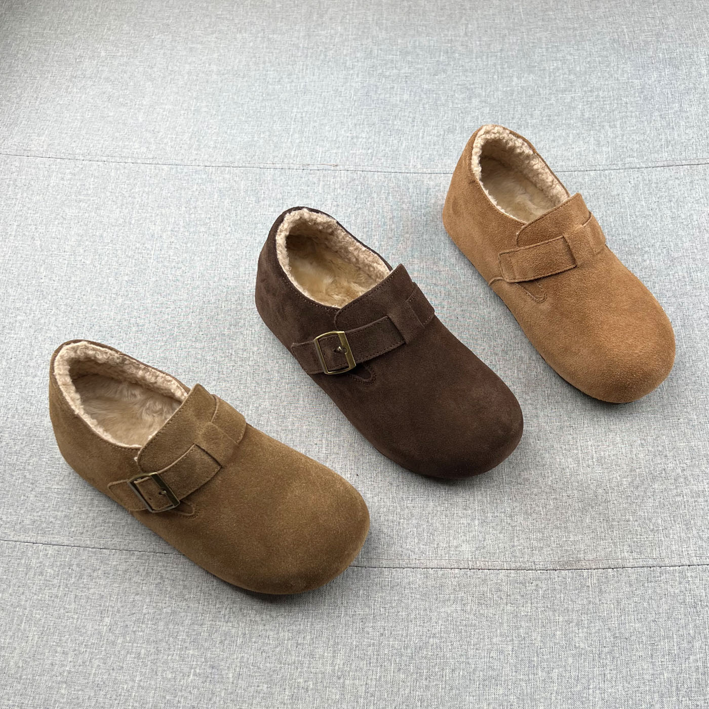 真皮羊毛绒魔术贴内增高勃肯鞋