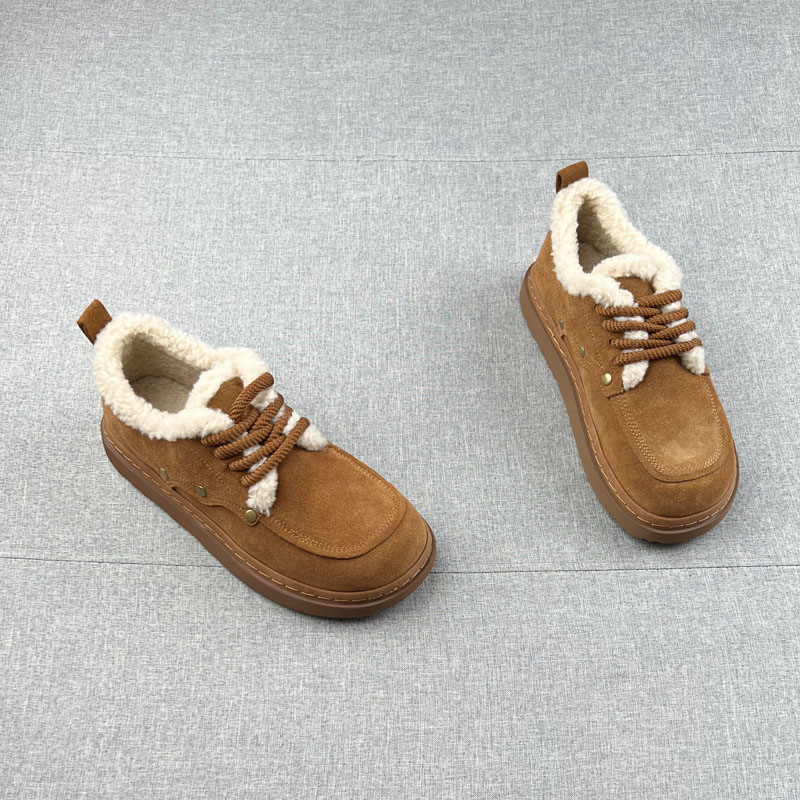 磨砂牛皮系带加绒平跟雪地靴女