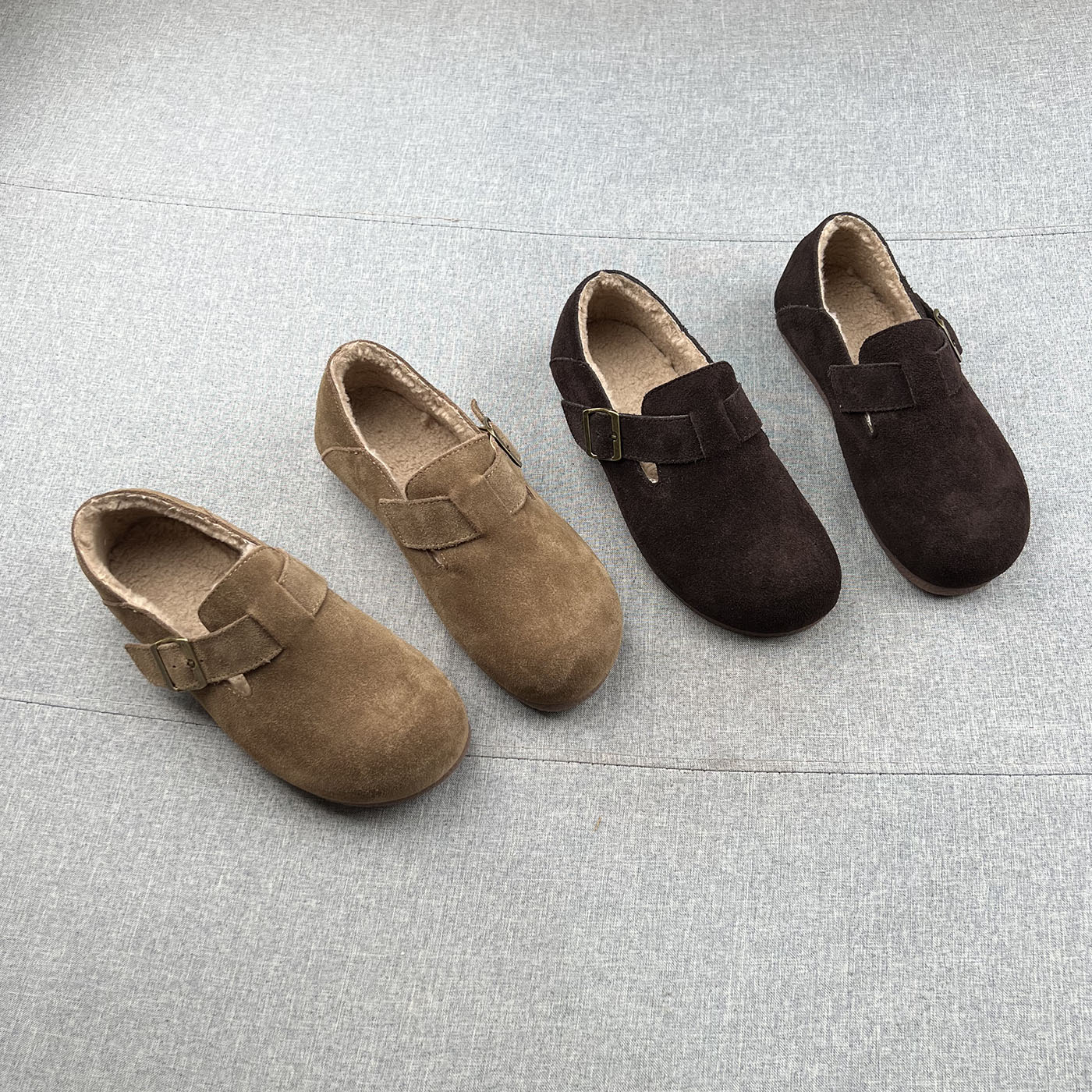 真皮羊毛绒一脚蹬平跟勃肯鞋