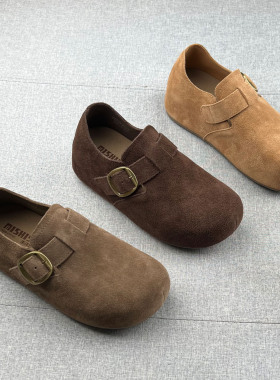 米新款~真皮一脚蹬内增高厚底勃肯鞋2025年秋防滑乐福鞋豆豆鞋女