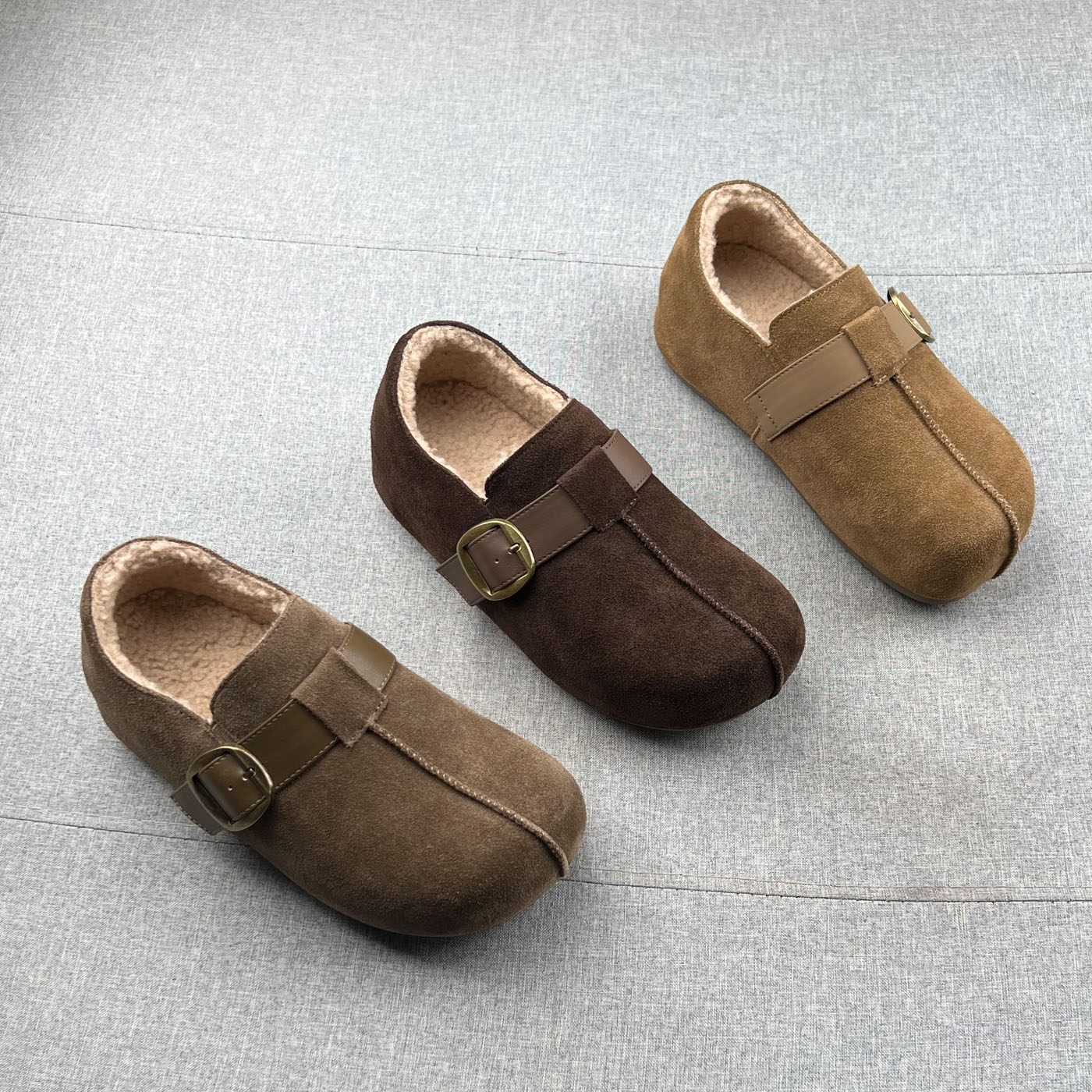 真皮羊羔绒搭扣内增高厚底勃肯鞋