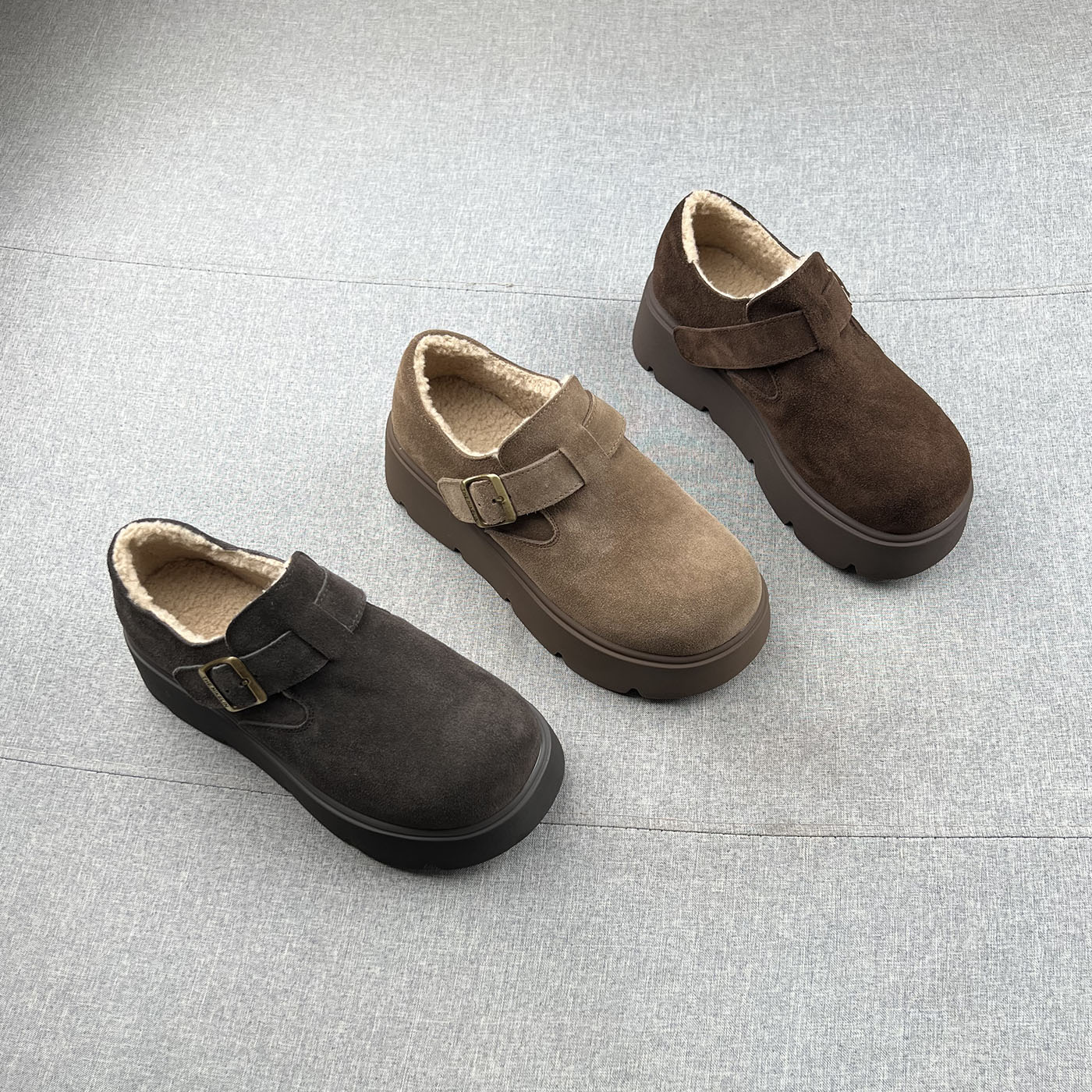 真皮羊羔绒魔术贴厚底增高勃肯鞋