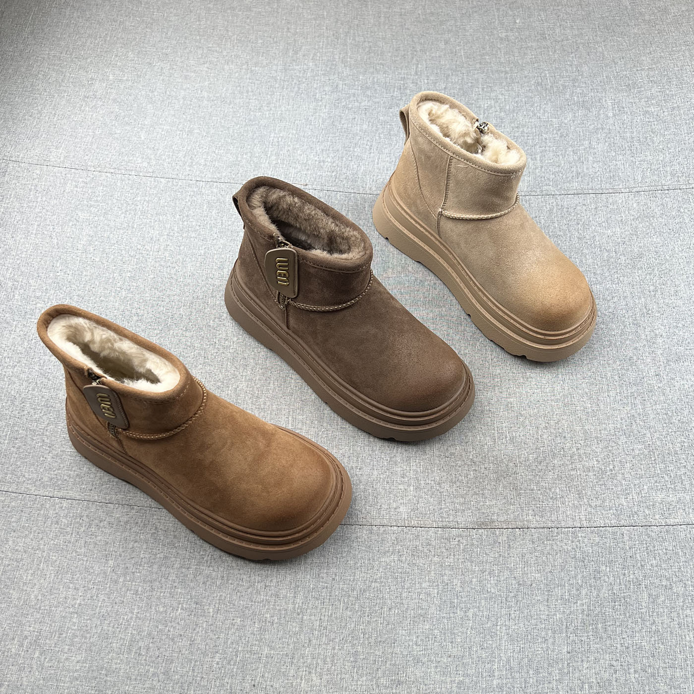 真皮羊毛绒侧拉链厚底雪地靴女2025年冬款保暧防滑松糕底棉靴短靴