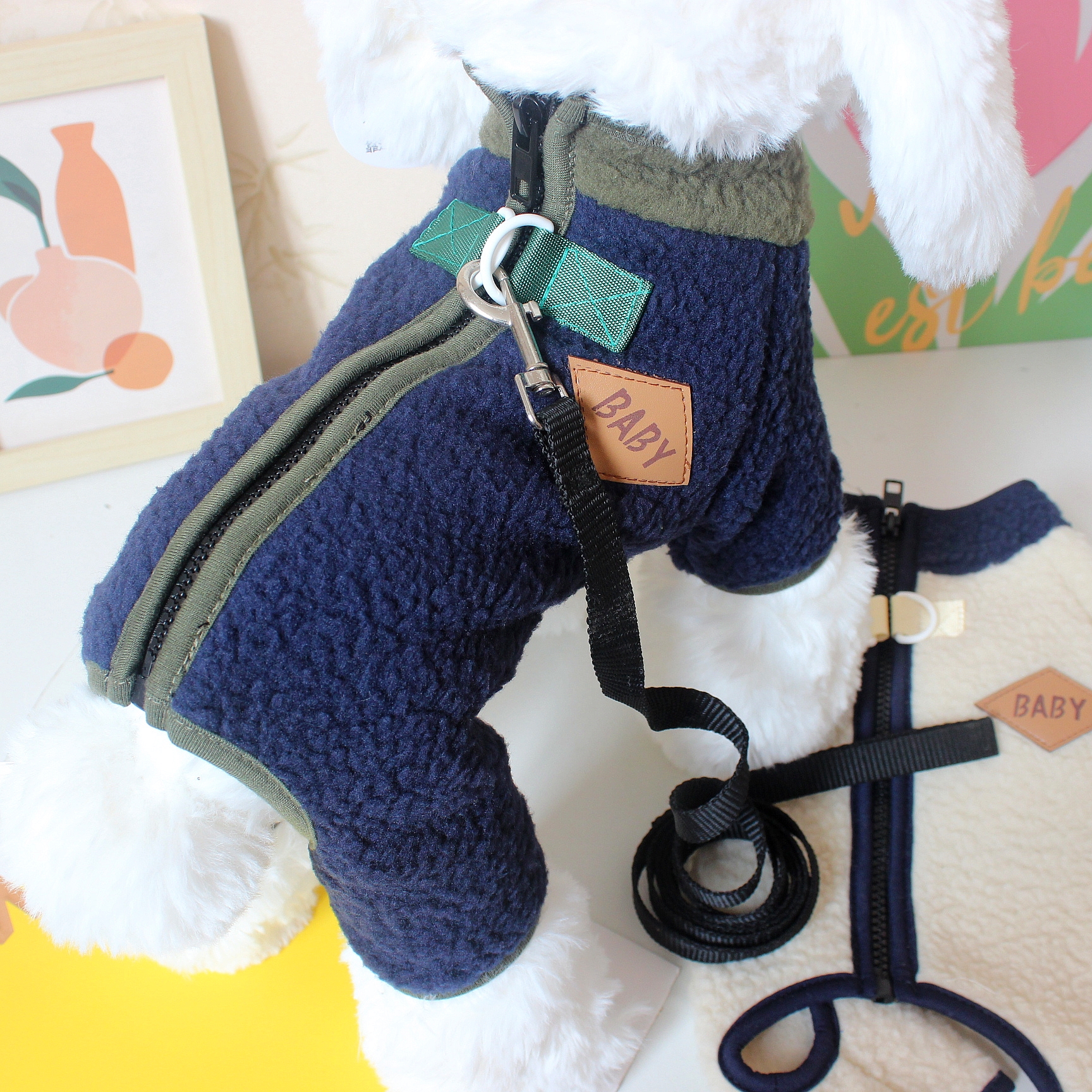 背扣拉链宠物泰迪比熊小型犬狗狗衣服四脚春秋冬天装可牵引绒四腿