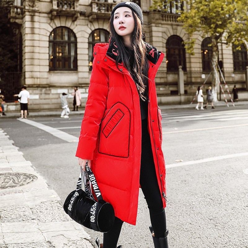 欧洲站时尚亮面免洗羽绒服女中长款2025冬新款白鸭绒加厚保暖外套