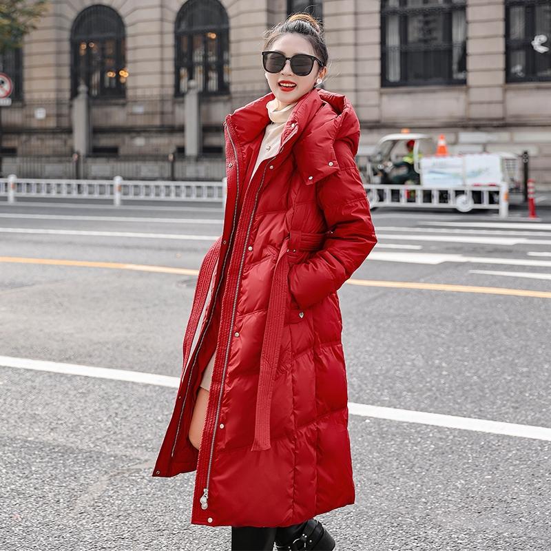 2025冬季过膝连帽收腰长款羽绒服