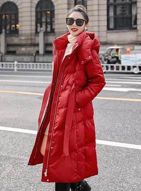2025冬季过膝连帽收腰长款羽绒服