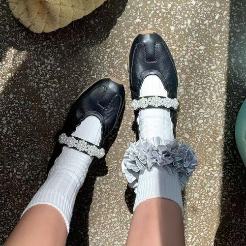 全真皮珍珠一字带玛丽珍运动鞋女