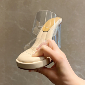 厚底踩屎感一字带防水台超高跟凉拖鞋 女外出水晶粗跟透明高跟凉鞋