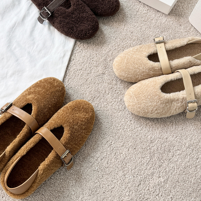 皮毛一体羊羔毛一字扣玛丽珍鞋女