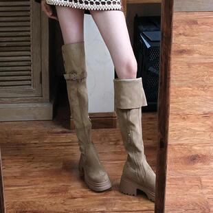 今年流行的初秋过膝长筒靴女33小码美拉德高跟厚底高筒两穿骑士靴