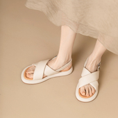 羊皮版 面包鞋 云朵交叉带沙滩凉鞋 女夏踩屎感平底软底舒适罗马鞋