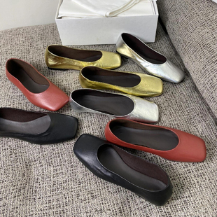 女舒适软底金色奶奶鞋 软爆了 小众row风羊皮方头浅口平底芭蕾鞋