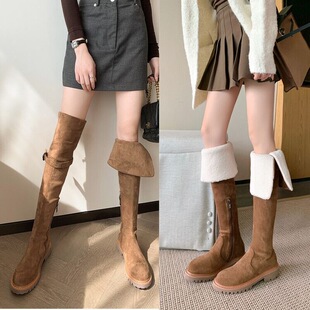 辣妹时髦两穿过膝长靴女2023秋冬新款复古平底高筒骑士靴西部靴女